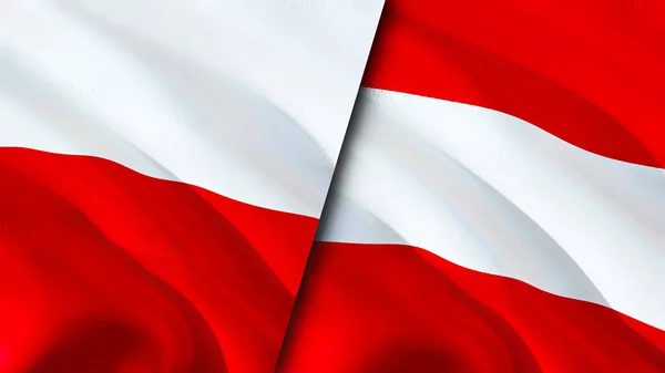 Poland and Austria flags. 3D Waving flag design. Poland Austria flag, picture, wallpaper. Poland vs Austria image,3D rendering. Poland Austria relations alliance and Trade,travel,tourism concep