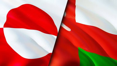Grönland ve Umman bayrakları. 3 boyutlu dalgalanan bayrak tasarımı. Grönland Umman bayrağı, resim, duvar kağıdı. Grönland, Umman 'a karşı, görüntü 3D. Grönland Umman ilişkileri ittifak ve ticaret, seyahat, turizm konsepti