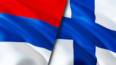 Sırbistan ve Finlandiya bayrakları. 3 boyutlu dalgalanan bayrak tasarımı. Sırbistan Finlandiya bayrağı, resim, duvar kağıdı. Sırbistan, Finlandiya 'ya karşı imaj, 3D görüntüleme. Sırbistan Finlandiya ile ittifak ve ticaret, seyahat ve turizm ilişkileri