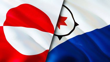 Grönland ve Bonaire bayrakları. 3 boyutlu dalgalanan bayrak tasarımı. Grönland Bonaire bayrağı, resim, duvar kağıdı. Grönland, Bonaire 'ye karşı, görüntü 3D. Grönland Bonaire ilişkileri ittifak ve ticaret, seyahat, turnuva