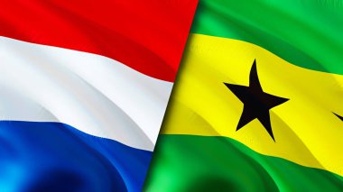 Hollanda ve Sao Tome ve Principe bayrakları. 3 boyutlu dalgalanan bayrak tasarımı. Hollanda Sao Tome ve Principe bayrağı, resim, duvar kağıdı. Hollanda, Sao Tome ve Principe 'ye karşı 3 boyutlu görüntü. Hollanda