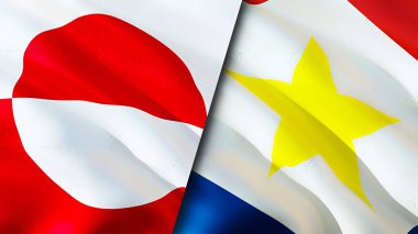 Grönland ve Saba Adası bayrakları. 3 boyutlu dalgalanan bayrak tasarımı. Grönland Saba Adası bayrağı, resim, duvar kağıdı. Grönland, Saba Adası 'na karşı, görüntü 3 boyutlu. Grönland Saba Adası ilişkileri