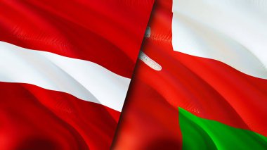 Letonya ve Umman bayrakları. 3 boyutlu dalgalanan bayrak tasarımı. Letonya Umman bayrağı, resim, duvar kağıdı. Letonya, Umman 'a karşı, görüntü 3 boyutlu. Letonya Oman ilişkileri ittifak ve ticaret, seyahat, turizm konsepti
