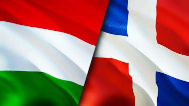 Macaristan ve Dominik Cumhuriyeti bayrakları. 3 boyutlu dalgalanan bayrak tasarımı. Macaristan Dominik Cumhuriyeti bayrağı, resim, duvar kağıdı. Macaristan, Dominik Cumhuriyeti 'ne karşı, görüntü 3D. Macaristan Dominikli