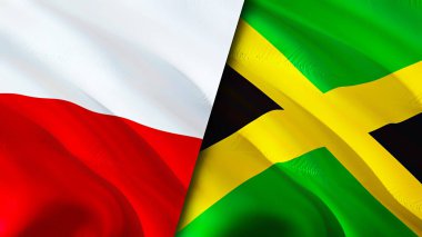Polonya ve Jamaika bayrakları. 3 boyutlu dalgalanan bayrak tasarımı. Polonya Jamaika bayrağı, resim, duvar kağıdı. Polonya, Jamaika imajına karşı, 3D görüntüleme. Polonya Jamaika ilişkileri ittifak ve ticaret, seyahat, turizm konsepti