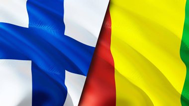 Finlandiya ve Gine bayrakları. 3 boyutlu dalgalanan bayrak tasarımı. Finlandiya Gine bayrağı, resim, duvar kağıdı. Finlandiya vs Gine imajı, 3D görüntüleme. Finlandiya Gine ilişkileri ittifak ve ticaret, seyahat, turizm danışmanlığı
