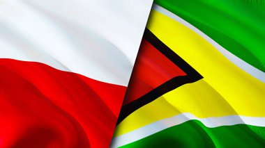 Polonya ve Guyana bayrakları. 3 boyutlu dalgalanan bayrak tasarımı. Polonya Guyana bayrağı, resim, duvar kağıdı. Polonya, Guyana 'ya karşı, görüntü 3 boyutlu. Polonya Guyana ilişkileri ittifak ve ticaret, seyahat, turizm konsepti