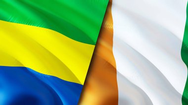 Gabon ve Cote d 'Ivoire bayrakları. 3 boyutlu dalgalanan bayrak tasarımı. Gabon Cote d 'Ivoire bayrağı, resim, duvar kağıdı. Gabon vs Cote d 'Ivoire imajı, 3D görüntüleme. Gabon Cote d 'Ivoire İlişkiler Birliği
