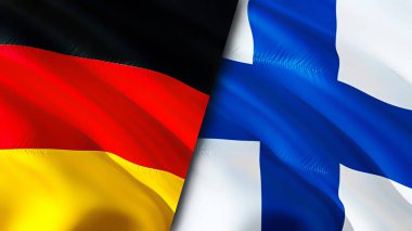Almanya ve Finlandiya bayrakları. 3 boyutlu dalgalanan bayrak tasarımı. Almanya bayrağı, resim, duvar kağıdı. Almanya, Finlandiya 'ya karşı imaj, 3D görüntüleme. Almanya Finlandiya ile ittifak ve ticaret, seyahat ve turizm ilişkileri
