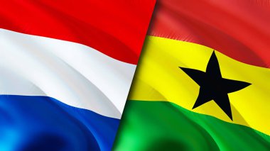 Hollanda ve Gana bayrakları. 3 boyutlu dalgalanan bayrak tasarımı. Hollanda Gana bayrağı, resim, duvar kağıdı. Hollanda, Gana imajına karşı, 3D görüntüleme. Hollanda Gana ilişkileri ittifak ve ticaret, seyahat, turnuva