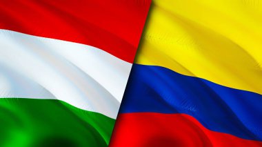 Macaristan ve Kolombiya bayrakları. 3 boyutlu dalgalanan bayrak tasarımı. Macaristan Kolombiya bayrağı, resim, duvar kağıdı. Macaristan Kolombiya 'ya karşı, görüntü 3 boyutlu. Macaristan Kolombiya ilişkileri ittifak ve ticaret, seyahat, turnuva