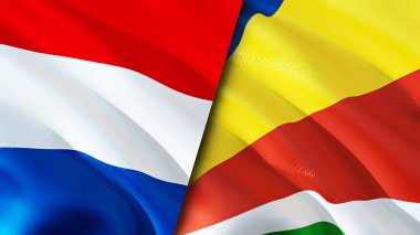 Hollanda ve Seyşeller bayrakları. 3 boyutlu dalgalanan bayrak tasarımı. Hollanda Seyşeller bayrağı, resim, duvar kağıdı. Hollanda, Seyşeller 'in 3D görüntüsüne karşı. Hollanda Seyşeller ilişkileri ittifakı