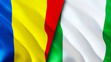 Romanya ve Nijerya bayrakları. 3 boyutlu dalgalanan bayrak tasarımı. Romanya Nijerya bayrağı, resim, duvar kağıdı. Romanya, Nijerya 'ya karşı imaj, 3D görüntüleme. Romanya Nijerya ilişkileri ittifak ve Ticaret, seyahat ve turizm consepti