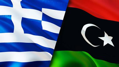 Yunanistan ve Libya bayrakları. 3 boyutlu dalgalanan bayrak tasarımı. Yunanistan Libya bayrağı, resim, duvar kağıdı. Yunanistan Libya 'ya karşı, görüntü 3D. Yunanistan Libya ilişkileri ittifak ve ticaret, seyahat ve turizm konsepti