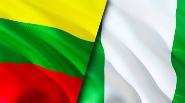 Litvanya ve Nijerya bayrakları. 3 boyutlu dalgalanan bayrak tasarımı. Litvanya Nijerya bayrağı, resim, duvar kağıdı. Litvanya, Nijerya imajına karşı, 3 boyutlu canlandırma. Litvanya Nijerya ilişkileri ittifak ve ticaret, seyahat, turnuva
