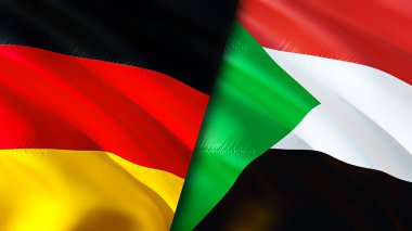 Almanya ve Sudan bayrakları. 3 boyutlu dalgalanan bayrak tasarımı. Almanya Sudan bayrağı, resim, duvar kağıdı. Almanya Sudan 'a karşı, görüntü 3 boyutlu. Almanya Sudan ilişkileri ittifak ve ticaret, seyahat, turizm konsepti