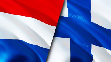 Hollanda ve Finlandiya bayrakları. 3 boyutlu dalgalanan bayrak tasarımı. Hollanda bayrağı, resim, duvar kağıdı. Hollanda, Finlandiya 'ya karşı imaj, 3D görüntüleme. Hollanda ile Finlandiya arasındaki ittifak