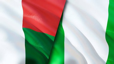 Madagaskar ve Nijerya bayrakları. 3 boyutlu dalgalanan bayrak tasarımı. Madagaskar Nijerya bayrağı, resim, duvar kağıdı. Madagaskar, Nijerya imajına karşı, 3 boyutlu canlandırma. Madagaskar Nijerya ilişkileri