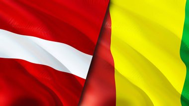 Letonya ve Gine bayrakları. 3 boyutlu dalgalanan bayrak tasarımı. Letonya Gine bayrağı, resim, duvar kağıdı. Letonya vs Gine imajı, 3 boyutlu görüntüleme. Letonya Gine ilişkileri ittifak ve ticaret, seyahat, turizm konsepti