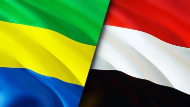 Gabon ve Yemen bayrakları. 3 boyutlu dalgalanan bayrak tasarımı. Gabon Yemen bayrağı, resim, duvar kağıdı. Gabon, Yemen 'e karşı imajı, 3 boyutlu canlandırma. Gabon Yemen ilişkileri ittifak ve ticaret, seyahat, turizm konsepti