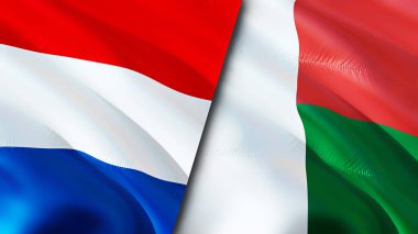 Hollanda ve Madagaskar bayrakları. 3 boyutlu dalgalanan bayrak tasarımı. Hollanda Madagaskar bayrağı, resim, duvar kağıdı. Hollanda, Madagaskar 'a karşı 3 boyutlu görüntü. Hollanda Madagaskar ilişkileri bir ittifak