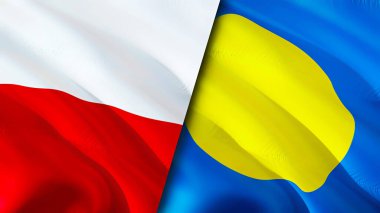 Polonya ve Palau bayrakları. 3 boyutlu dalgalanan bayrak tasarımı. Polonya Palau bayrağı, resim, duvar kağıdı. Polonya, Palau 'ya karşı, görüntü 3 boyutlu. Polonya Palau ilişkileri ittifak ve ticaret, seyahat, turizm konsepti