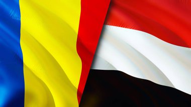 Romanya ve Yemen bayrakları. 3 boyutlu dalgalanan bayrak tasarımı. Romanya Yemen bayrağı, resmi, duvar kağıdı. Romanya, Yemen 'e karşı, görüntü 3D. Romanya Yemen ilişkileri ittifak ve ticaret, seyahat ve turizm consepti