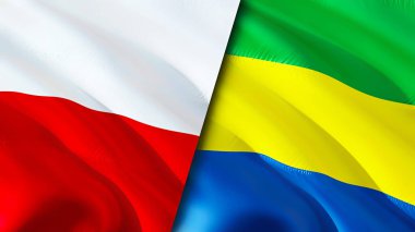 Polonya ve Gabon bayrakları. 3 boyutlu dalgalanan bayrak tasarımı. Polonya Gabon bayrağı, resim, duvar kağıdı. Polonya, Gabon 'a karşı, görüntü 3D. Polonya Gabon ilişkileri ittifak ve ticaret, seyahat, turizm konsepti