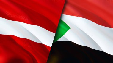 Letonya ve Sudan bayrakları. 3 boyutlu dalgalanan bayrak tasarımı. Letonya Sudan bayrağı, resim, duvar kağıdı. Letonya, Sudan 'a karşı, görüntü 3 boyutlu. Letonya Sudan ilişkileri ittifak ve ticaret, seyahat, turizm konsepti