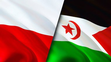 Polonya ve Batı Sahra bayrakları. 3 boyutlu dalgalanan bayrak tasarımı. Polonya Batı Sahra bayrağı, resim, duvar kağıdı. Polonya, Batı Sahra 'ya karşı, görüntü 3D. Polonya Batı Sahra ilişkileri ittifakı