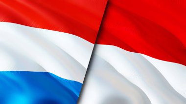 Lüksemburg ve Monako bayrakları. 3 boyutlu dalgalanan bayrak tasarımı. Lüksemburg Monako bayrağı, resim, duvar kağıdı. Lüksemburg, Monako imajına karşı, 3D görüntüleme. Lüksemburg Monako ilişkileri ittifak ve ticaret, seyahat, turnuva