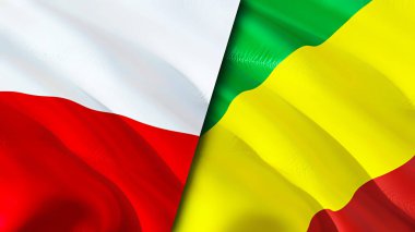 Polonya ve Kongo bayrakları. 3 boyutlu dalgalanan bayrak tasarımı. Polonya Kongo bayrağı, resim, duvar kağıdı. Polonya, Kongo 'ya karşı, görüntü 3 boyutlu. Polonya Kongo ilişkileri ittifak ve ticaret, seyahat, turizm konsepti