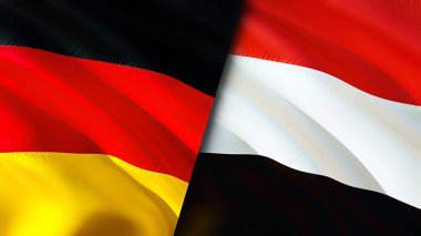 Almanya ve Yemen bayrakları. 3 boyutlu dalgalanan bayrak tasarımı. Almanya Yemen bayrağı, resim, duvar kağıdı. Almanya, Yemen 'e karşı, görüntü 3 boyutlu. Almanya Yemen ilişkileri ittifak ve ticaret, seyahat, turizm konsepti