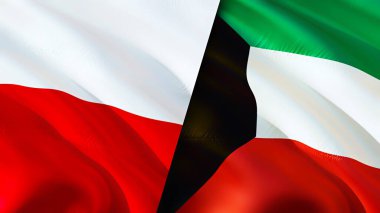 Polonya ve Kuveyt bayrakları. 3 boyutlu dalgalanan bayrak tasarımı. Polonya Kuveyt bayrağı, resim, duvar kağıdı. Polonya Kuveyt 'e karşı, görüntü 3D. Polonya Kuveyt ilişkileri ittifak ve ticaret, seyahat, turizm konsepti