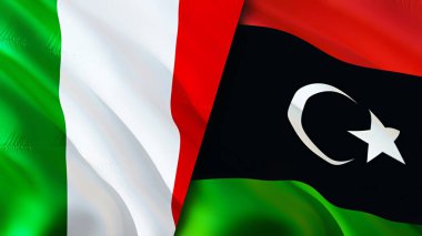 İtalya ve Libya bayrakları. 3 boyutlu dalgalanan bayrak tasarımı. İtalya Libya bayrağı, resim, duvar kağıdı. İtalya Libya 'ya karşı, görüntü 3D. İtalya Libya ilişkileri ittifak ve ticaret, seyahat, turizm konsepti