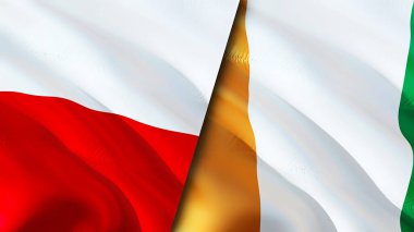 Polonya ve Fildişi Sahili bayrakları. 3 boyutlu dalgalanan bayrak tasarımı. Polonya Fildişi Bayrağı, resim, duvar kağıdı. Polonya, Cote d 'Ivoire' a karşı 3 boyutlu görüntü. Polonya Fildişi Sahili İlişkiler İttifakı