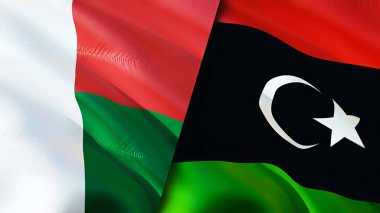 Madagaskar ve Libya bayrakları. 3 boyutlu dalgalanan bayrak tasarımı. Madagaskar Libya bayrağı, resim, duvar kağıdı. Madagaskar Libya imajına karşı, 3D görüntüleme. Madagaskar Libya ilişkileri ittifak ve ticaret, seyahat, turnuva