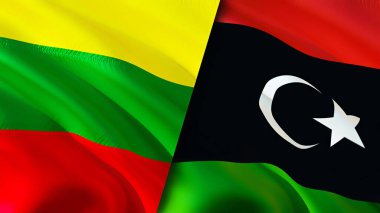 Litvanya ve Libya bayrakları. 3 boyutlu dalgalanan bayrak tasarımı. Litvanya Libya bayrağı, resim, duvar kağıdı. Litvanya, Libya imajına karşı, 3D görüntüleme. Litvanya Libya ilişkileri ittifak ve ticaret, seyahat, turizm konsepti