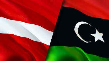 Letonya ve Libya bayrakları. 3 boyutlu dalgalanan bayrak tasarımı. Letonya Libya bayrağı, resim, duvar kağıdı. Letonya, Libya imajına karşı, 3D görüntüleme. Letonya Libya ilişkileri ittifak ve ticaret, seyahat, turizm konsepti