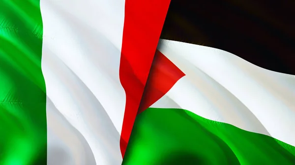 意大利和巴勒斯坦的国旗 3D波浪旗帜设计 意大利巴勒斯坦国旗 意大利对巴勒斯坦的图像 3D渲染 意大利Palestine Relations Alliance Trade Travel — 图库照片