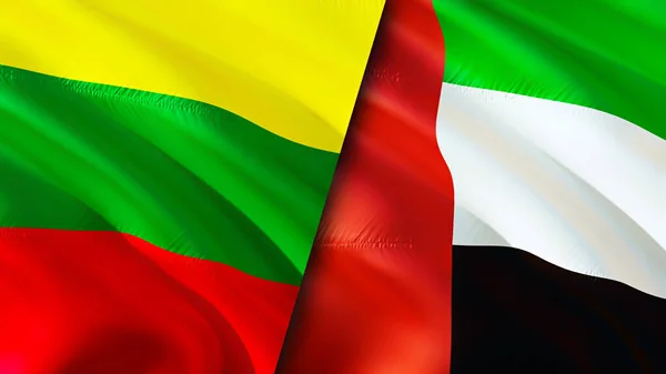 Lithuania and United Arab Emirates flags. 3D Waving flag design. Lithuania United Arab Emirates flag, picture, wallpaper. Lithuania vs United Arab Emirates image,3D rendering. Lithuania United Ara