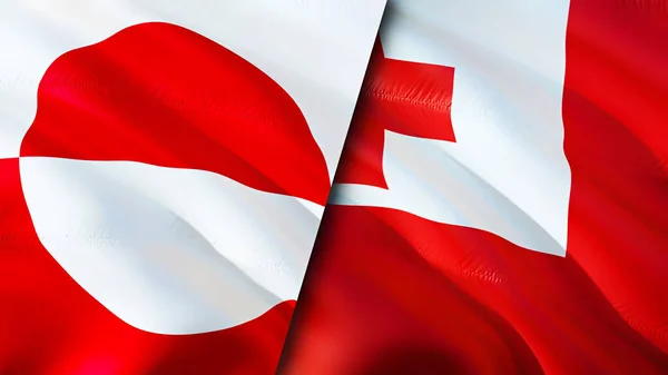 Greenland and Tonga flags. 3D Waving flag design. Greenland Tonga flag, picture, wallpaper. Greenland vs Tonga image,3D rendering. Greenland Tonga relations alliance and Trade,travel,tourism concep