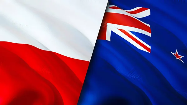 波兰和新西兰的国旗 3D波浪旗帜设计 波兰新西兰国旗 波兰对新西兰的图像 3D渲染 波兰新西兰关系联盟 — 图库照片