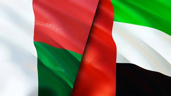 マダガスカルとアラブ首長国連邦の旗 3D波動旗のデザイン マダガスカルアラブ首長国連邦の旗 マダガスカル対アラブ首長国連邦の画像 3Dレンダリング マダガスカル ユナイト — ストック写真