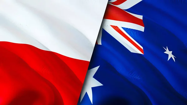 Poland and Australia flags. 3D Waving flag design. Poland Australia flag, picture, wallpaper. Poland vs Australia image,3D rendering. Poland Australia relations alliance and Trade,travel,touris