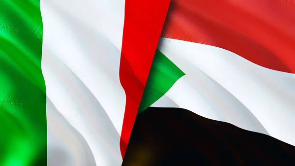 Italien Och Sudan Flaggor Viftande Flagga Design Italien Sudan Flagga — Stockfoto