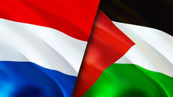 Netherlands and Palestine flags. 3D Waving flag design. Netherlands Palestine flag, picture, wallpaper. Netherlands vs Palestine image,3D rendering. Netherlands Palestine relations alliance an