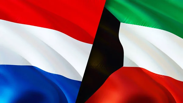 Netherlands and Kuwait flags. 3D Waving flag design. Netherlands Kuwait flag, picture, wallpaper. Netherlands vs Kuwait image,3D rendering. Netherlands Kuwait relations alliance an