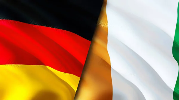 Germany and Cote d\'Ivoire flags. 3D Waving flag design. Germany Cote d\'Ivoire flag, picture, wallpaper. Germany vs Cote d\'Ivoire image,3D rendering. Germany Cote d\'Ivoire relations alliance an