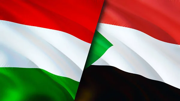 Hungary and Sudan flags. 3D Waving flag design. Hungary Sudan flag, picture, wallpaper. Hungary vs Sudan image,3D rendering. Hungary Sudan relations alliance and Trade,travel,tourism concep